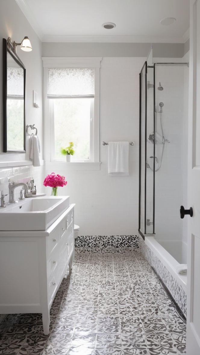 bathroom tile design, white shower tile, black floor tiles, monochrome bathroom tiles, tiled bathroom floor