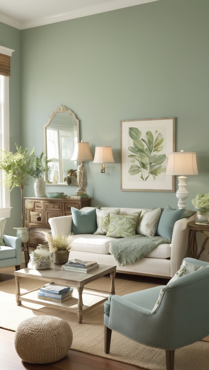 blue green decor, sage green walls, living room design, interior design, home decor