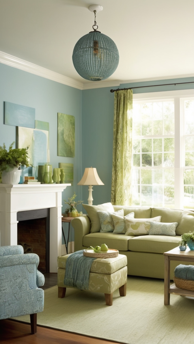How would I decorate a blue and sage green living room for a cozy feel? ?