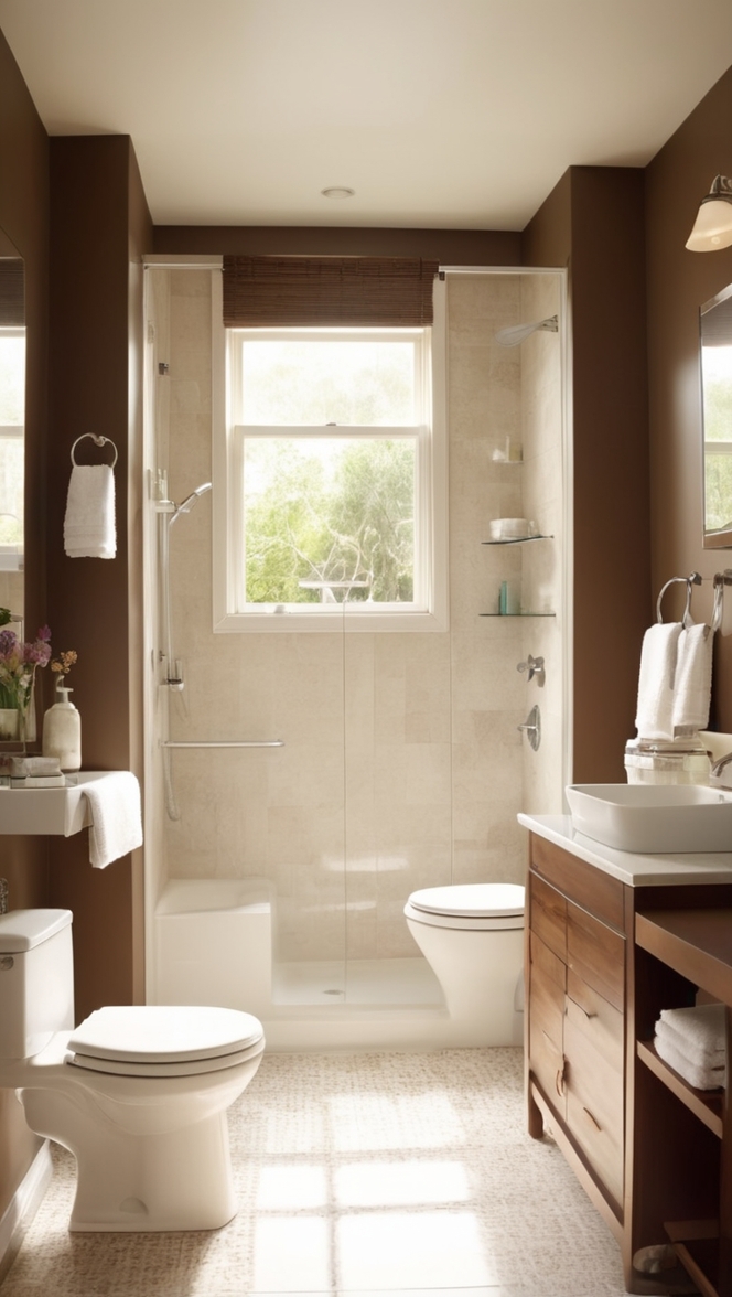 Can I find inspiration for my bathroom with brown and white bathroom ideas? ?