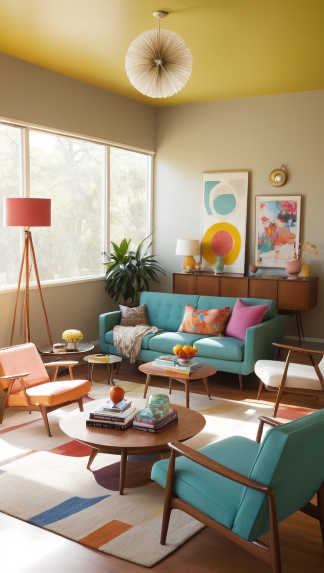 What do you think of the vibrant color scheme in my colorful mid-century modern living room? ?