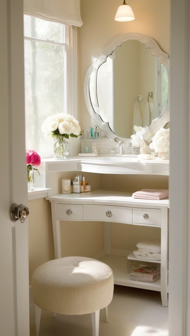 bathroom corner vanity, small corner vanity, modern corner vanity, makeup corner vanity, corner vanity table