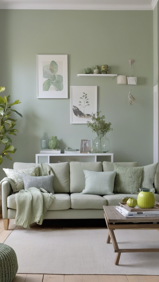 How can I create a cozy atmosphere in my grey and sage green living room? ?