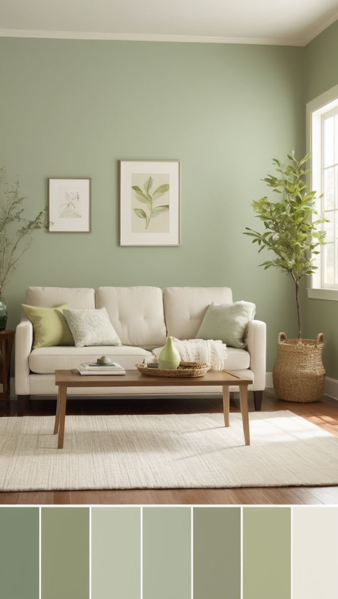 sage green paint, interior decorating, home decor, living room design, wall colors