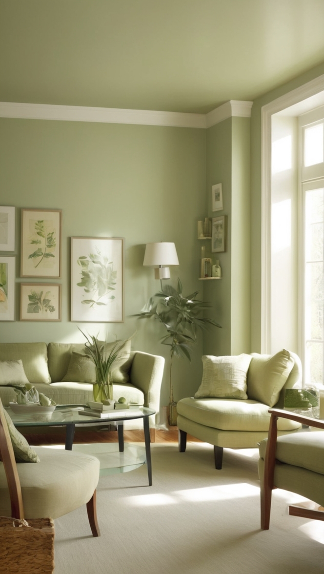 How would I style a light sage green living room for a cozy feel? ?