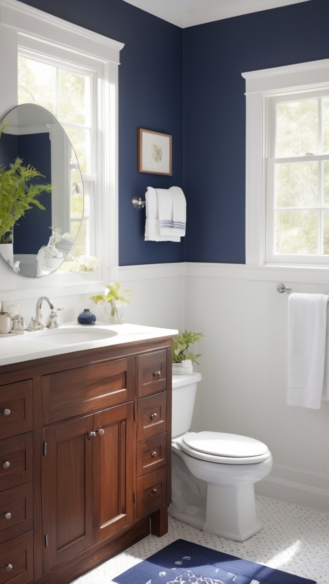 navy blue bathroom decor, white and navy bathroom accessories, navy blue vanity, navy blue shower curtain, navy blue tiles