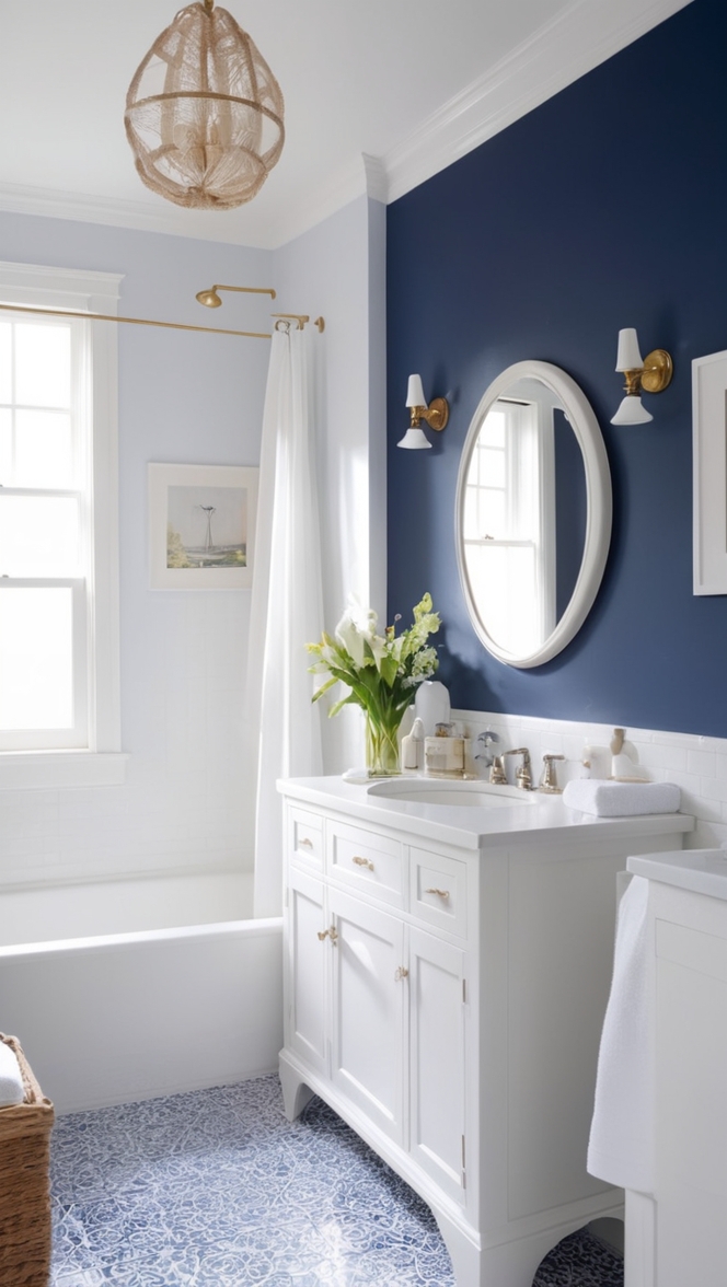 How would I style a navy blue and white bathroom to create a chic and modern look? ?