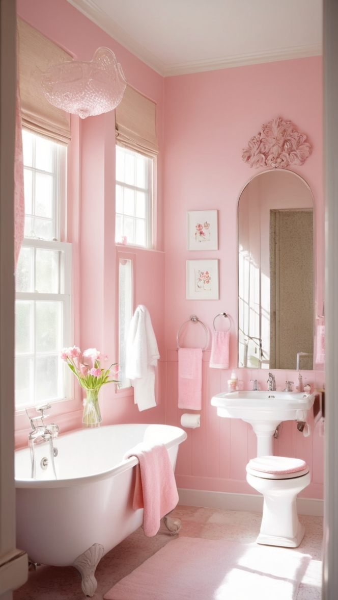 How would I style a pink and white bathroom to create a chic and modern look? ?