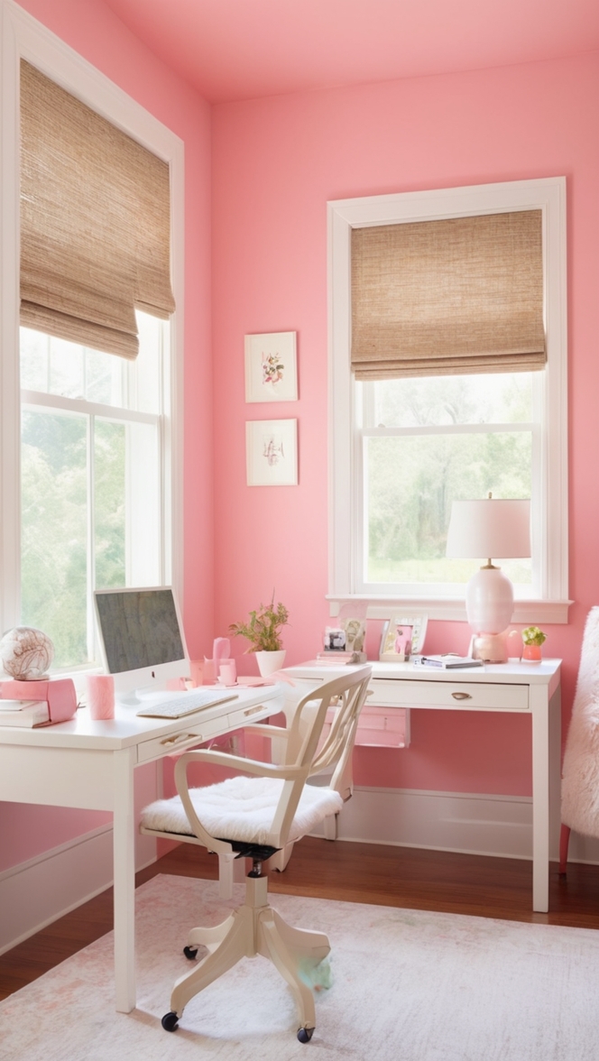 pink office decor, stylish home office, contemporary home office, chic workspace, trendy office design