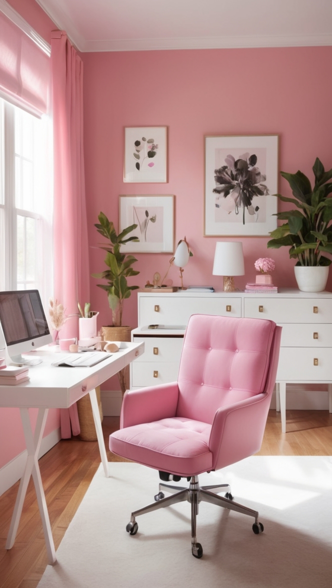 pink office decor, stylish home office, contemporary home office, chic workspace, trendy office design