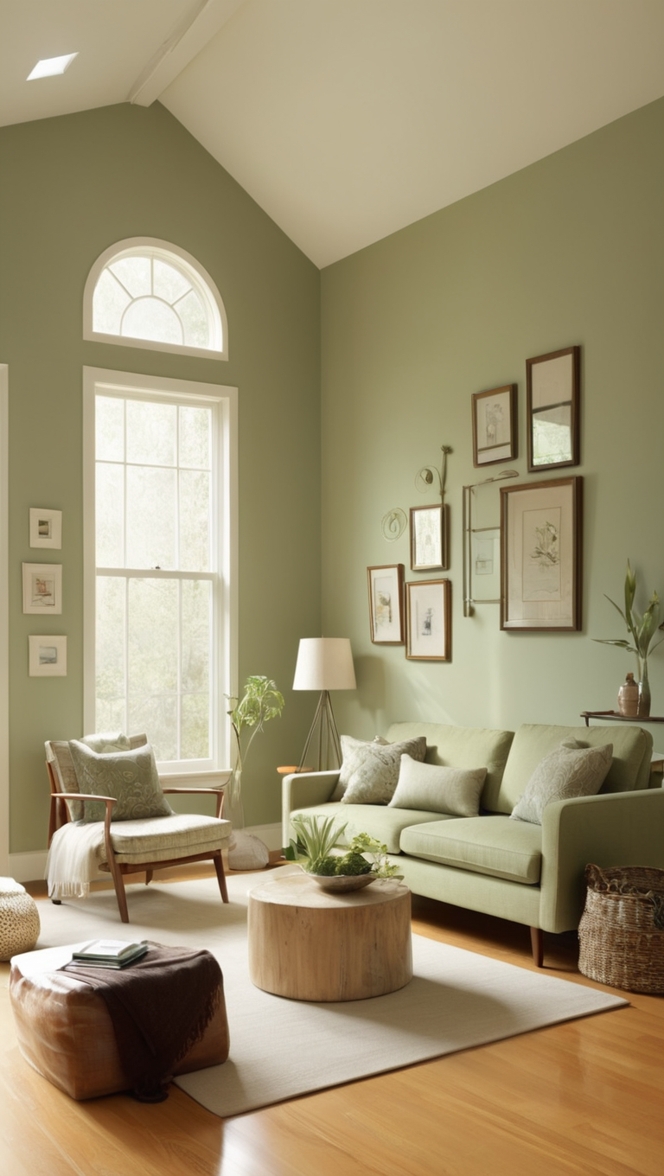 How can I incorporate a sophisticated sage green accent wall in my living room? ?