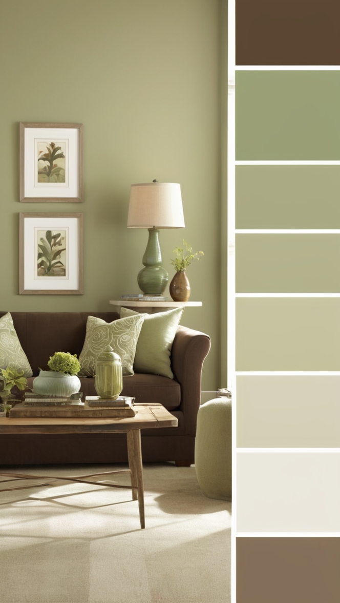sage green sofa, living room color scheme, moss green accents, earthy brown decor, cozy living room design