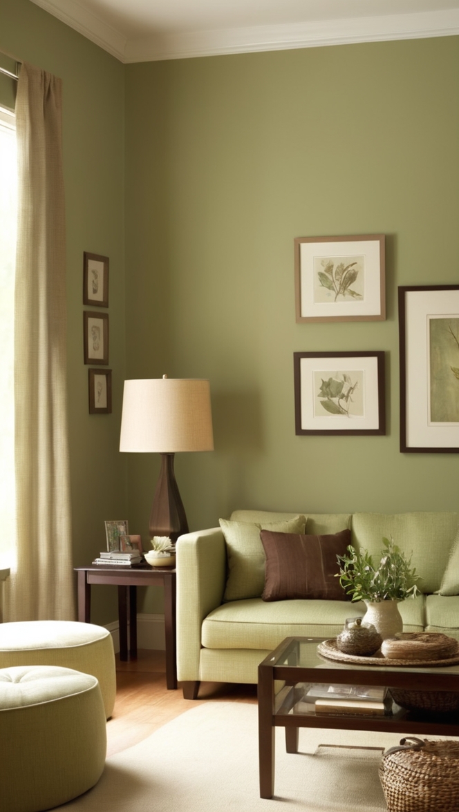 sage green sofa, living room color scheme, moss green accents, earthy brown decor, cozy living room design