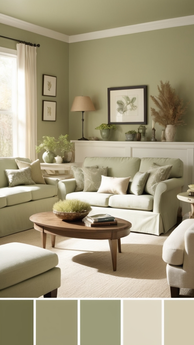 sage green curtains, cream sofa, living room decor, sage green paint, cream rug