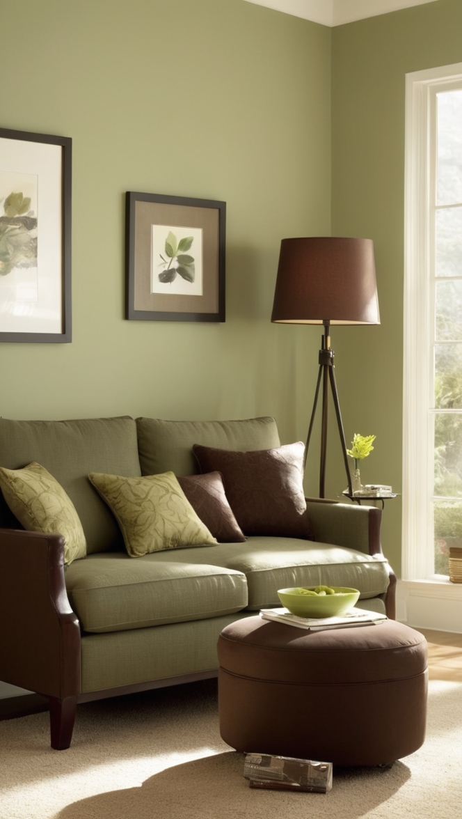 How would I incorporate sage green and dark brown in my living room decor? ?