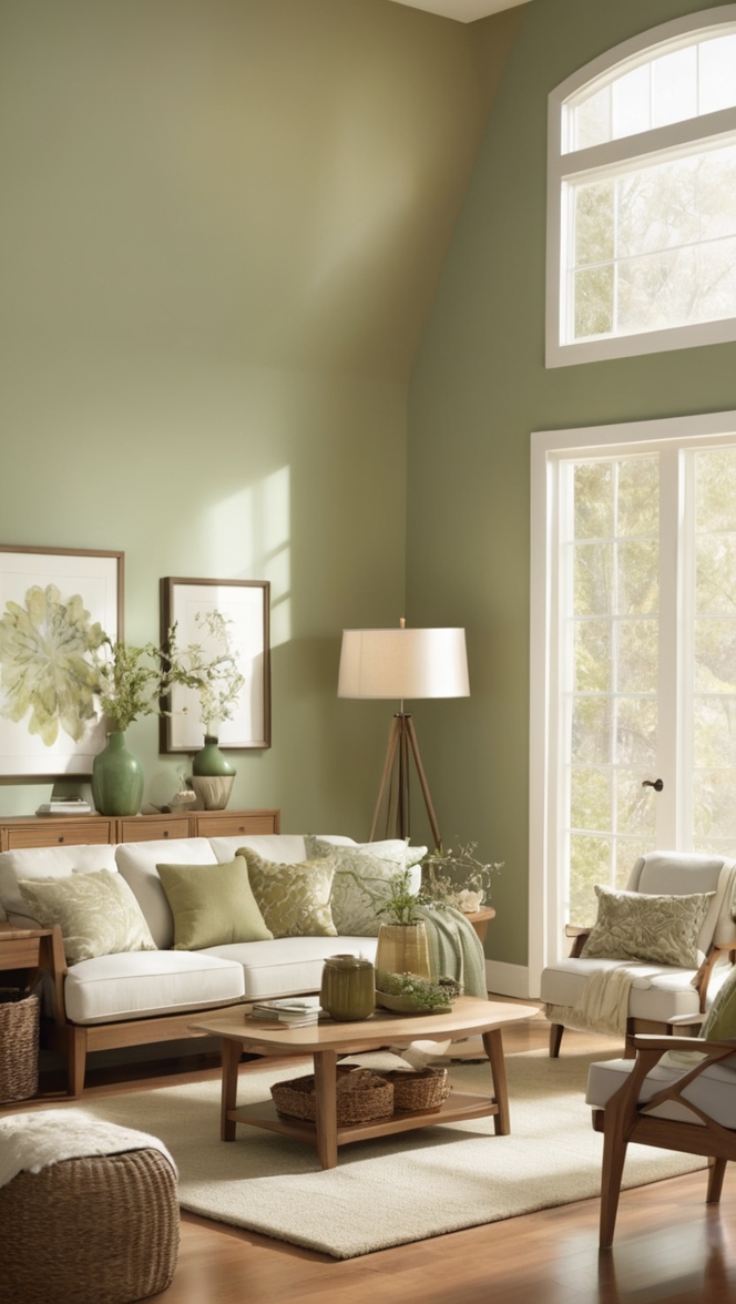 sage green sofa, oak coffee table, green living room decor, furniture for oak living room, sage green walls