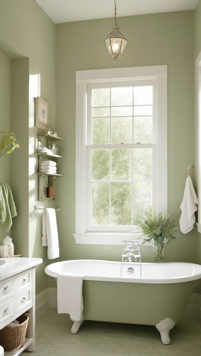 How would I incorporate sage green and white bathroom decor in my home? ?