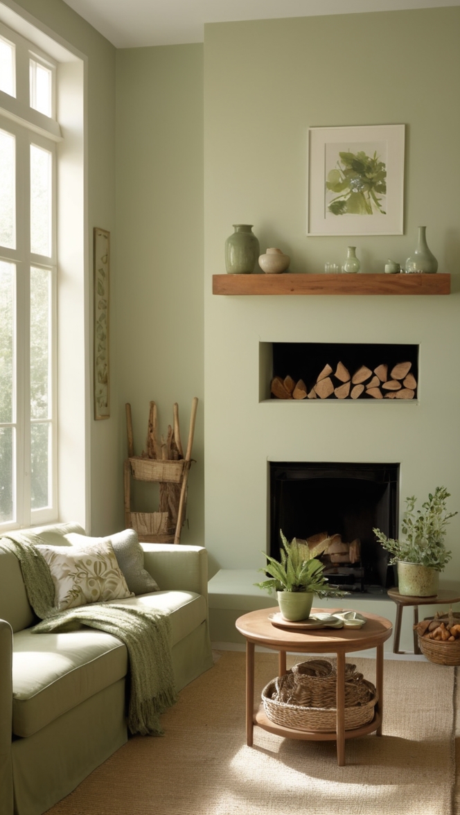 How would I style a sage green and wood living room for a cozy vibe? ?