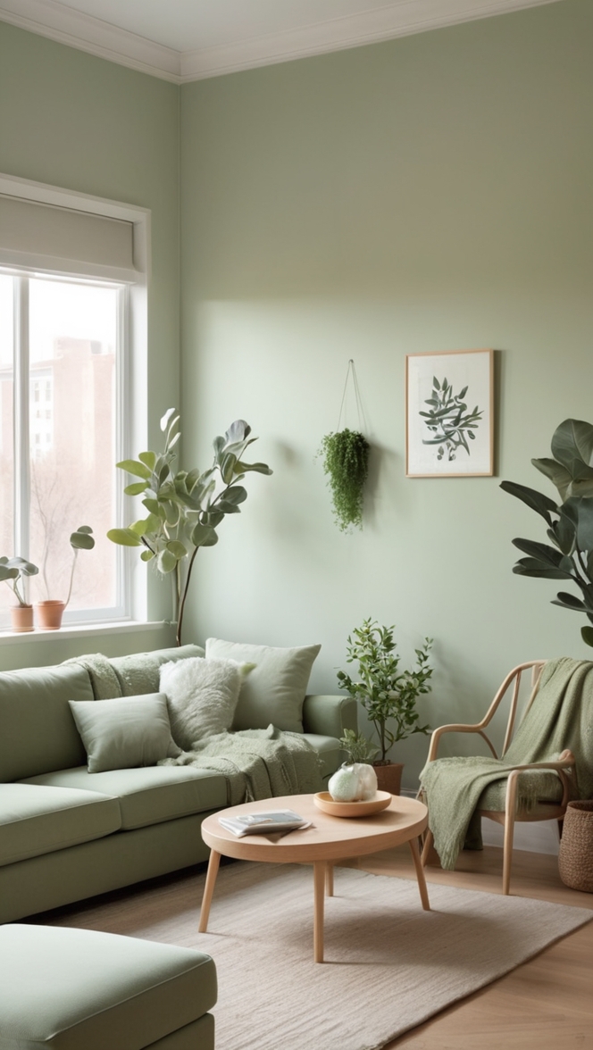 How can I incorporate the sage green apartment aesthetic living room into my own space? ?