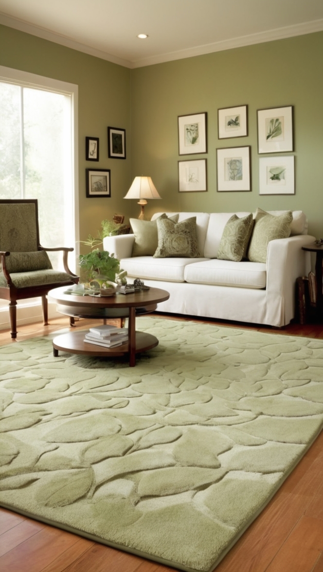 How can I enhance my living room with sage green area rugs for a cozy ambiance? ?