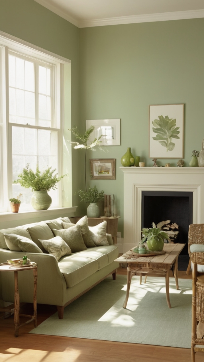 How can I incorporate a sage green color palette in my living room? ?