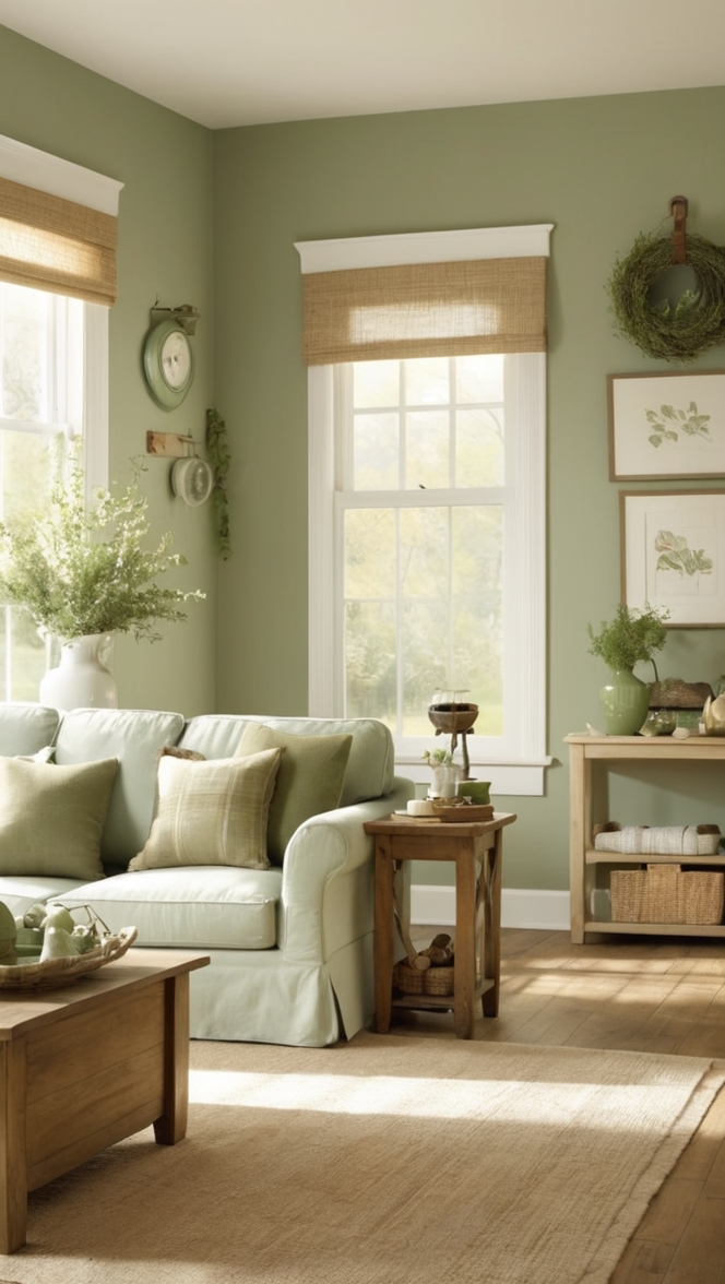 How can I incorporate sage green into my farmhouse living room? ?