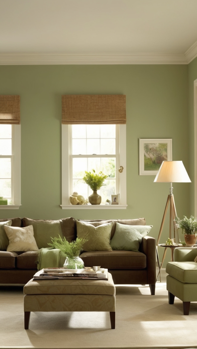 How would I style a sage green living room with a brown sofa? ?
