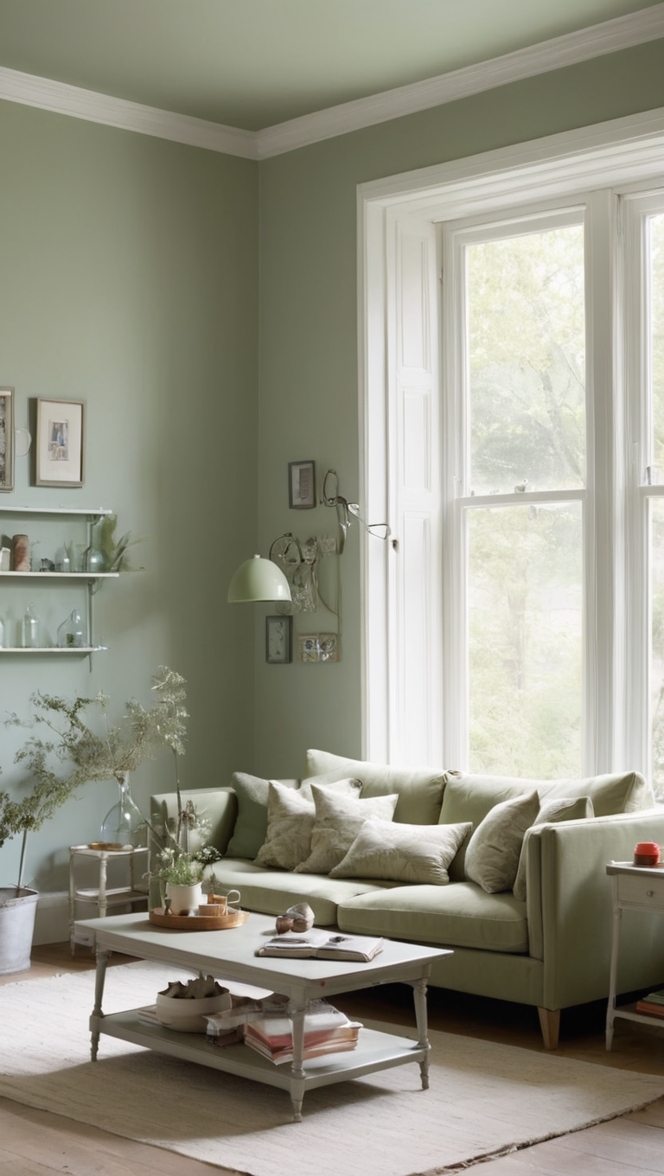 How can I style a sage green living room with a grey sofa? ?