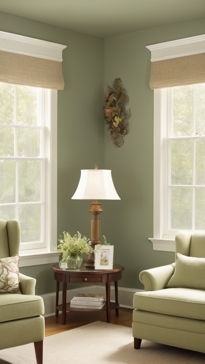 sage green walls, green paneling, living room design, interior decorating, home renovation