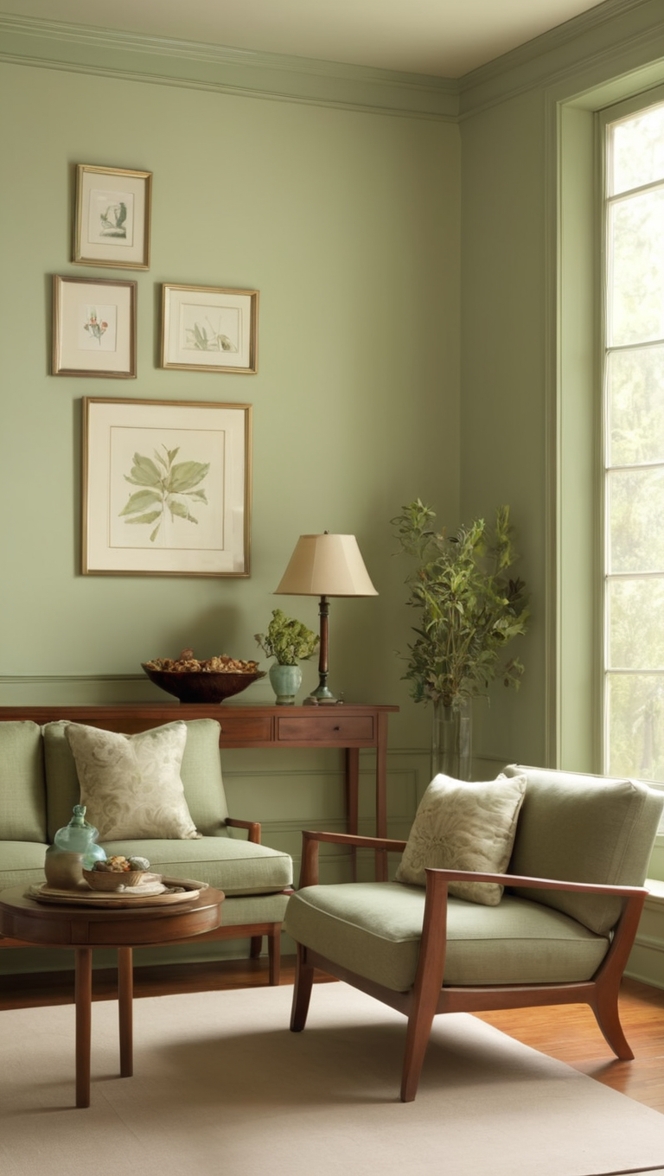 How can I incorporate sage green paneling into my living room decor? ?