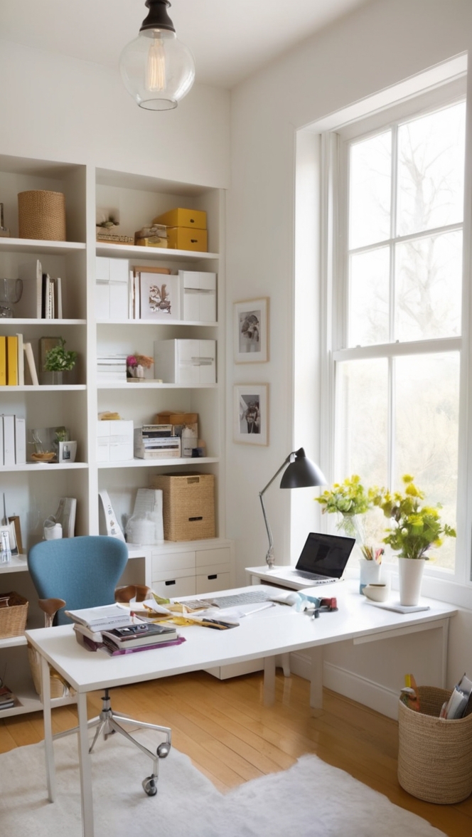 home office organization, home office shelving, office storage solutions, workspace organization, office decluttering