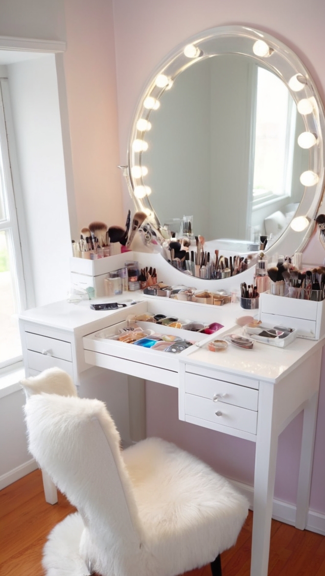 vanity storage solutions, makeup vanity organization, vanity decor ideas, vanity organization hacks, vanity organization products