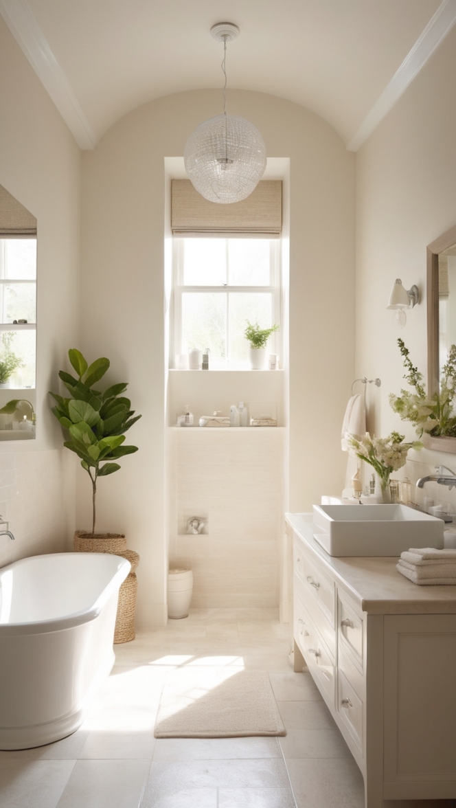 How would I enhance a white and beige bathroom with a touch of color? ?