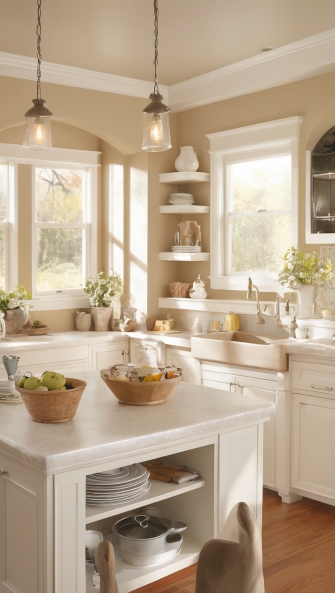 white kitchen cabinets, beige kitchen countertops, modern white kitchen, neutral kitchen design, light beige backsplash