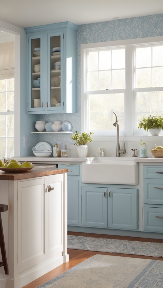 white kitchen cabinets, blue kitchen backsplash, kitchen design ideas, white kitchen countertops, blue and white kitchen décor