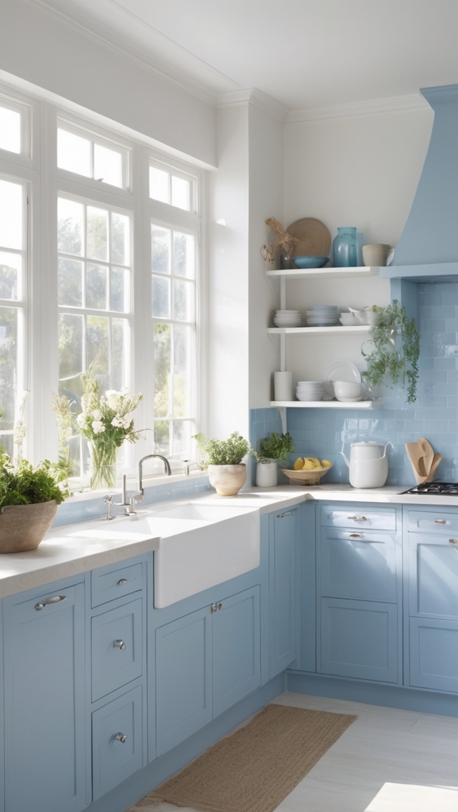 How would I personalize my white and blue kitchen to reflect my style? ?