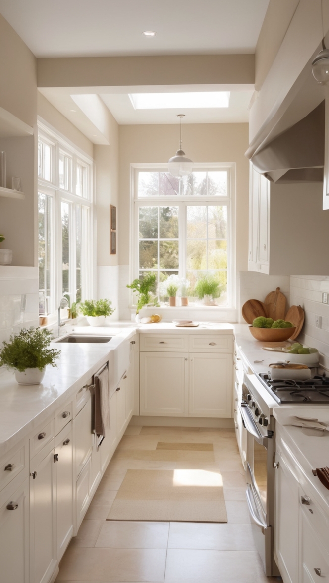 How would I design a stylish white and brown kitchen? ?