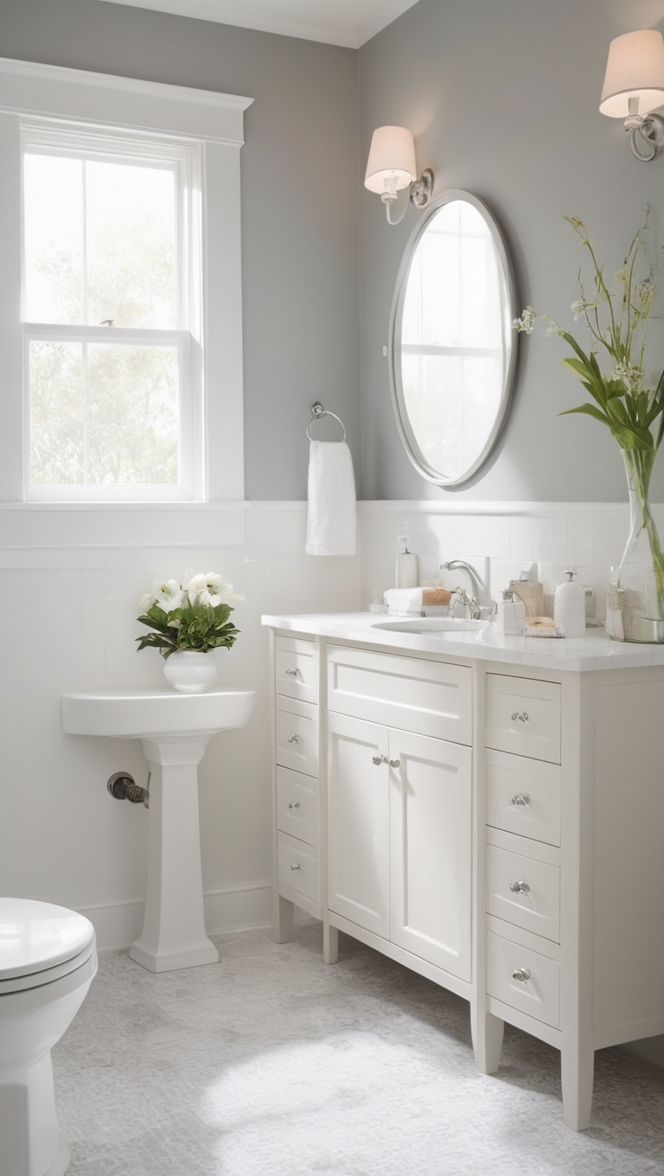 white bathroom decor, gray bathroom accessories, modern bathroom design, luxury bathroom tiles, elegant bathroom fixtures