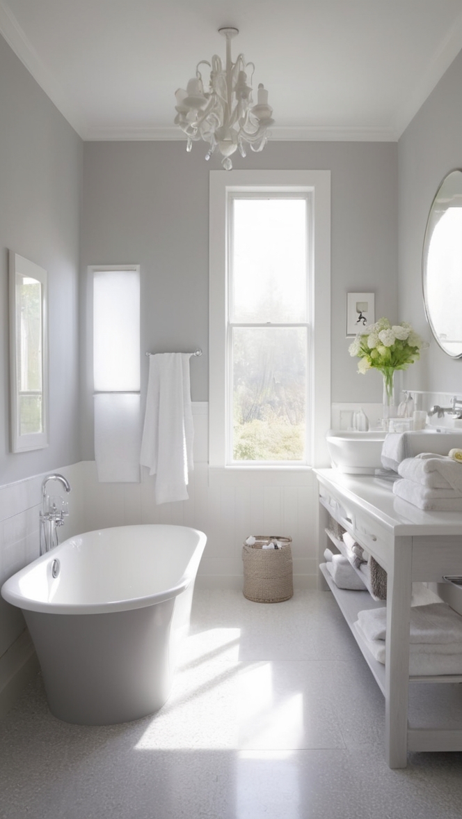 How would I design a stylish white and gray bathroom? ?