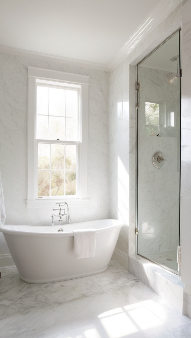 white marble tiles, white marble countertops, white marble floor, white marble vanity, white marble shower