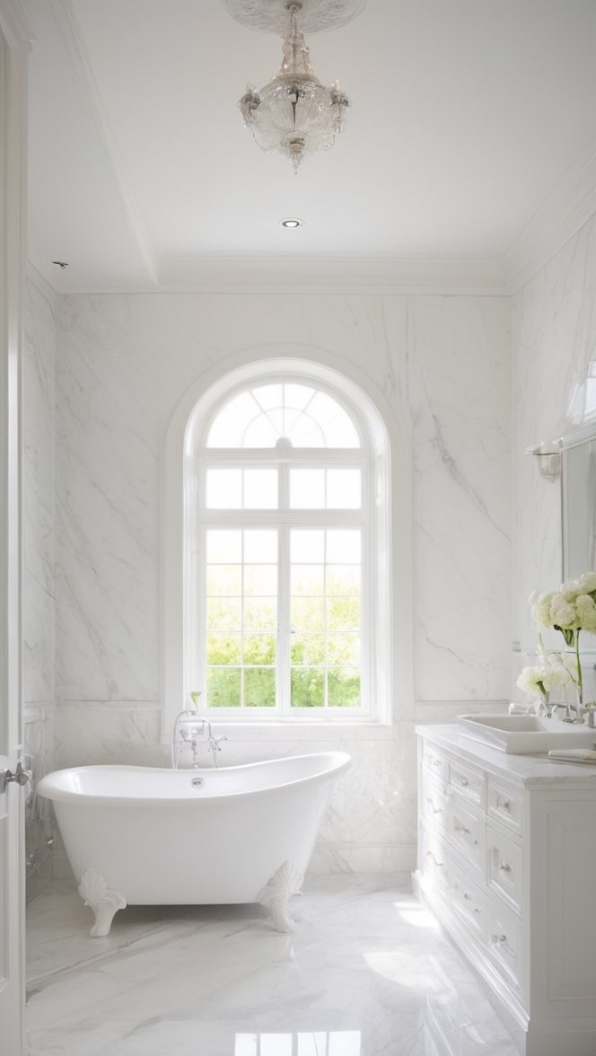 How can I achieve a luxurious look with a white marble bathroom? ?