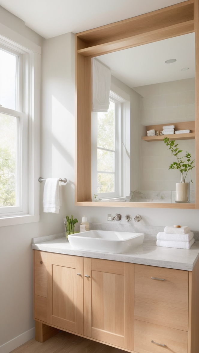 How can I enhance my bathroom with a stylish white oak vanity? ?