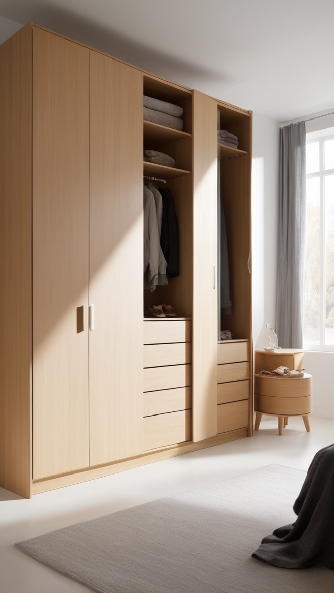 wooden wardrobe, bedroom design, modern furniture, closet organizer, stylish wardrobe