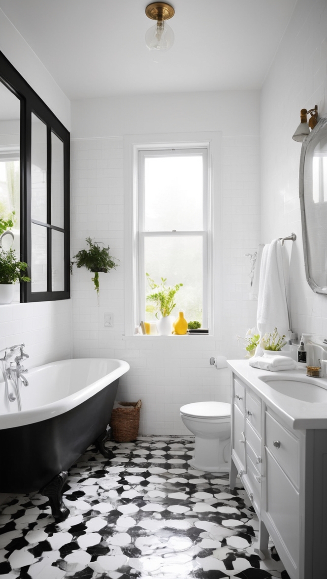 How would I decorate a bathroom with black and white tile floor? ?