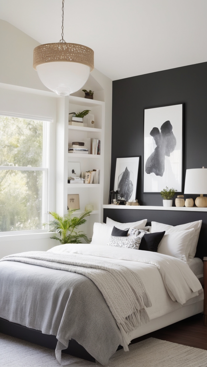 black and white home decor, minimalist bedroom design, modern minimalist decor ideas, monochrome bedroom decor, chic minimalist interior