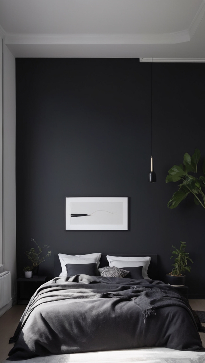 How would I design a black minimalist bedroom to create a sleek and modern space? ?