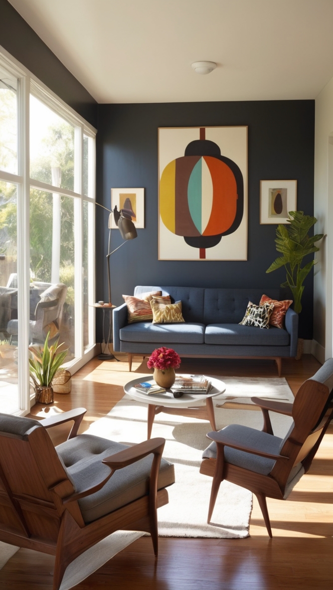 How would I design a cozy dark mid century modern living room? ?