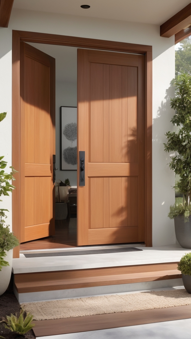 front double door design, wood front door, modern front entrance, wooden entry door, contemporary wooden door