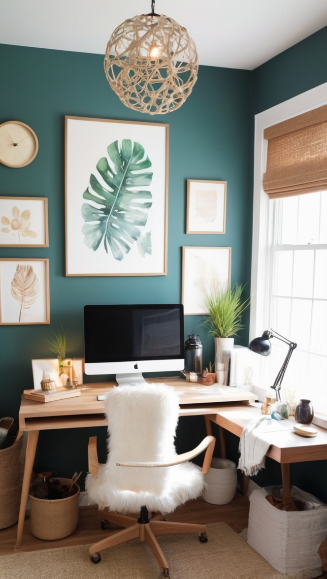 home office decor, boho desk accessories, modern office furniture, chic desk organization, bohemian home office