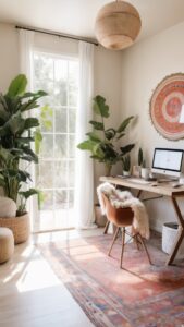 home office decor, boho desk accessories, modern office furniture, chic desk organization, bohemian home office